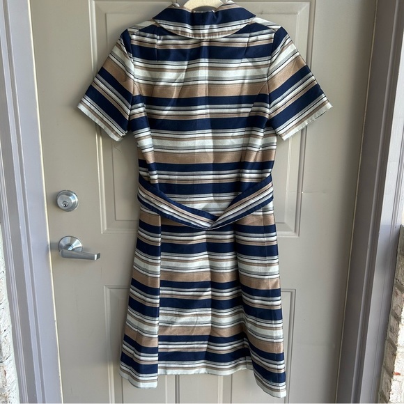 Vintage 70s Striped Mod Dress Handmade A-Line Short Sleeve Navy Tan Retro S/M - Picture 2 of 8